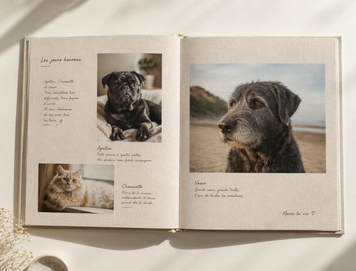 Planche ouverte de l'album souvenir avec photos et texte adressé au chien