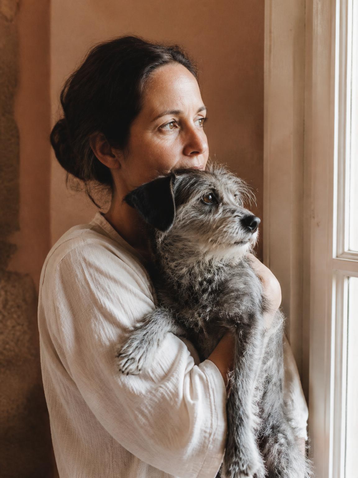 Une femme serrant son chien contre elle, près d'une fenêtre